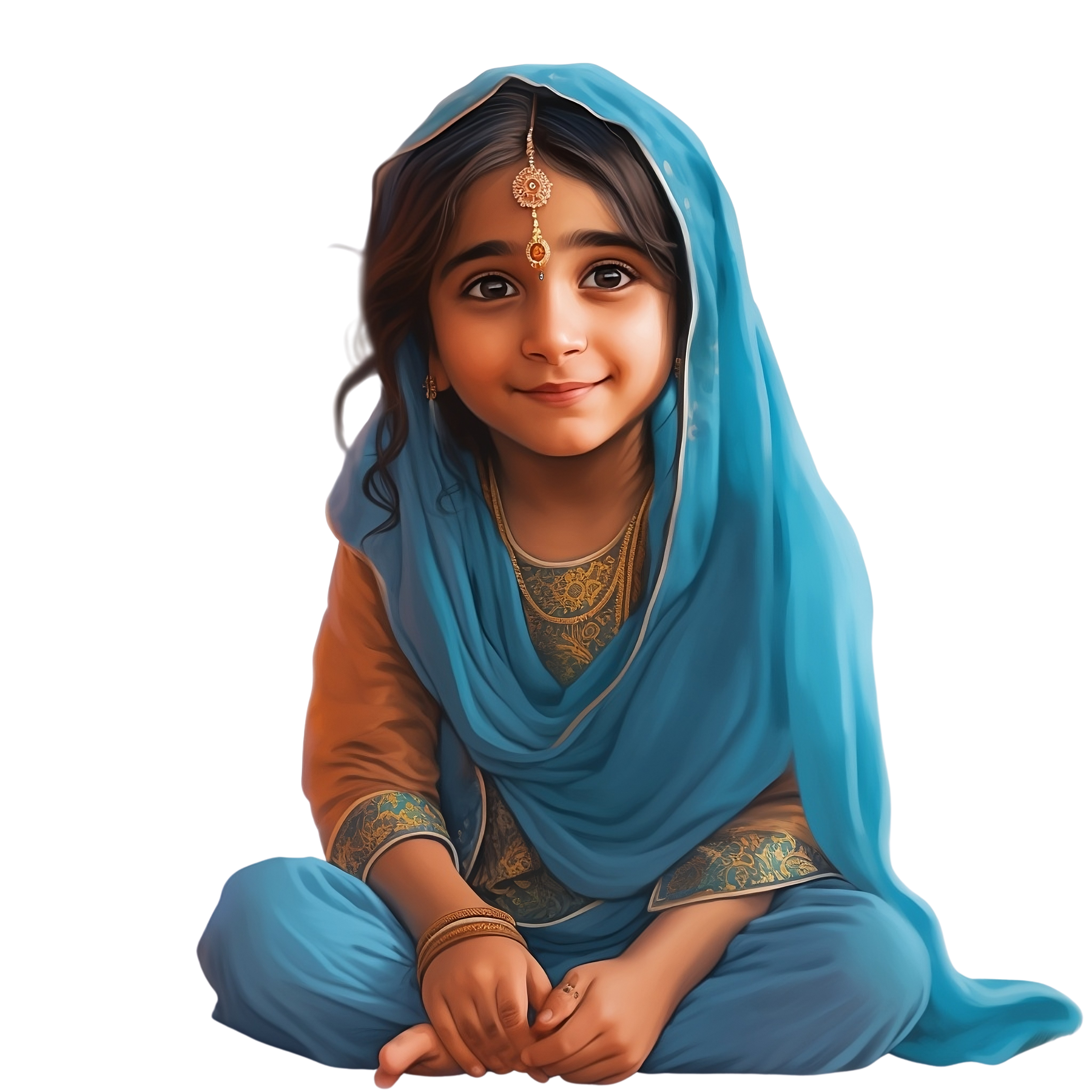 An 8-year-old Pakistanian girl sitting and smiling with a blue saree on