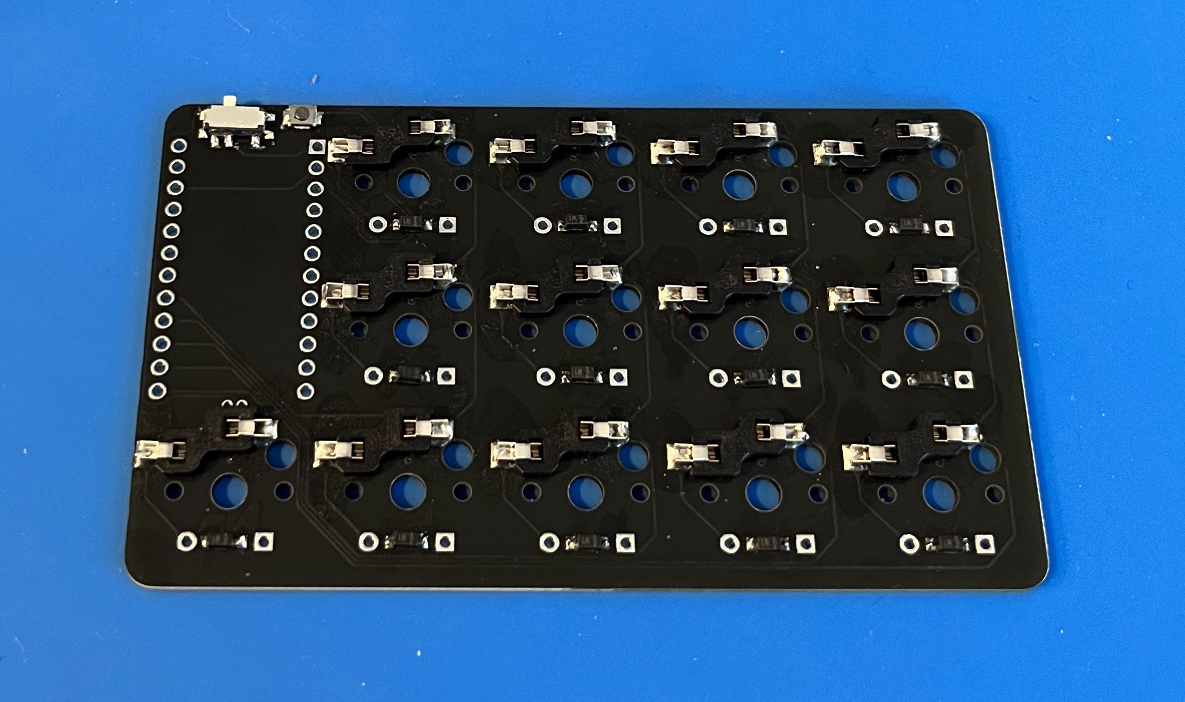 The PCB with sockets, diodes, on/off switch, and reset button soldered into place.